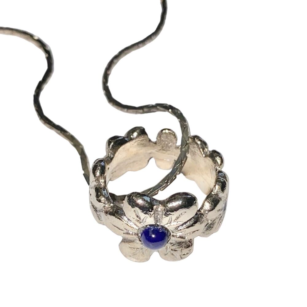 VTG Galliano Christian Dior Silver Metal Lapis Lazuli Flower Ring & Necklace Set - Picture 7 of 14